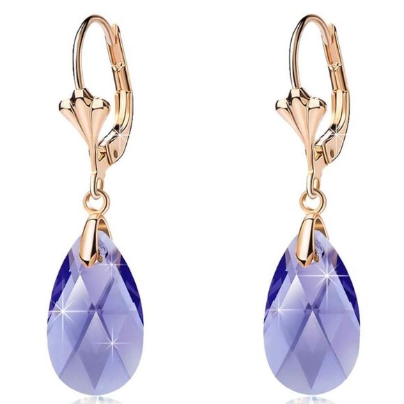 14K Yellow Gold with Tanzanite Austrian Crystal Teardrop Leverback Drop Earrings - Picture 1 of 5